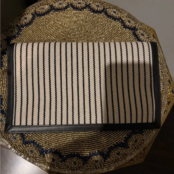 Yves Saint Laurent Uptown Canvas Striped Clutch Cream Black YSL Gold Hardware - Picture 12 of 14